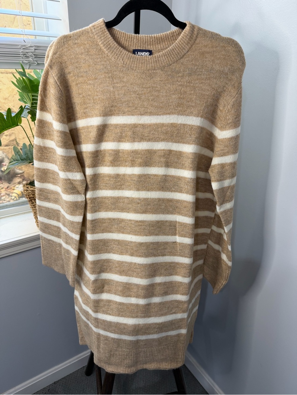 Lands' End Tan and Cream Striped Crewneck Sweater